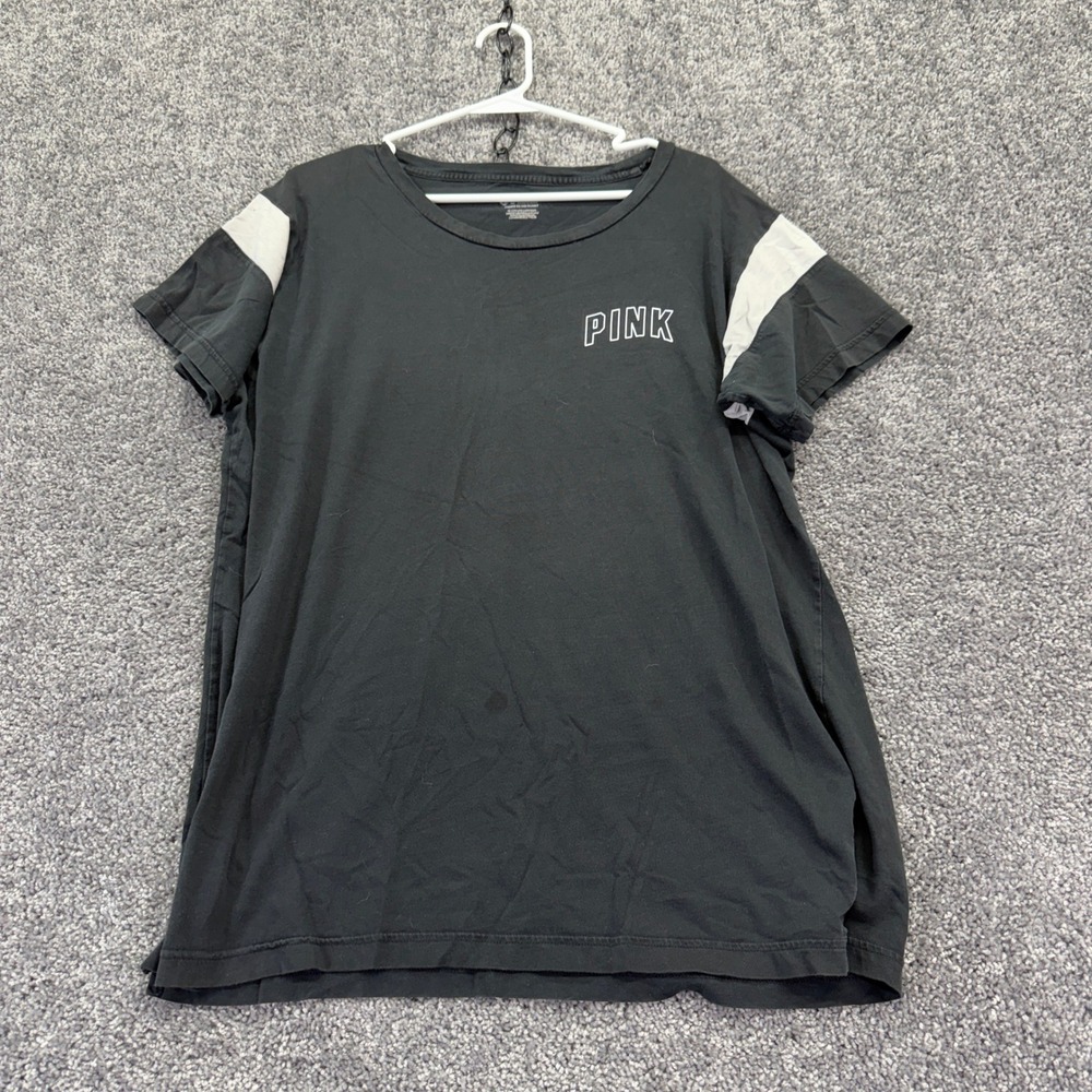 PINK Short Sleeve T Shirt Womens Extra Large Black White Stripe Logo Crew Neck